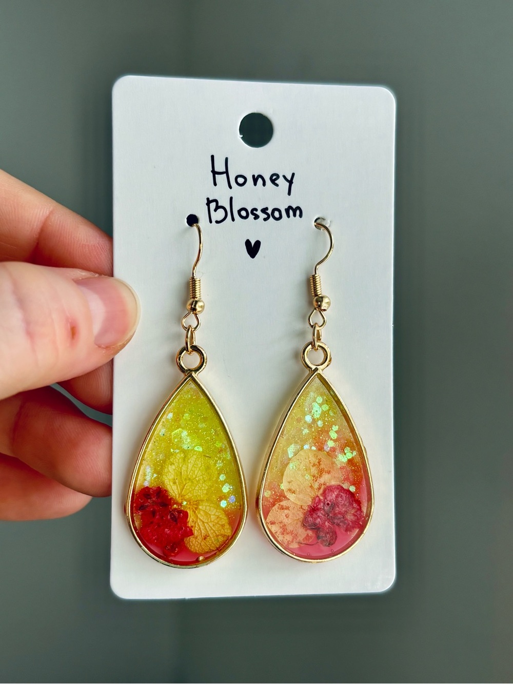 Honey Blossom Resin Teardrop Earrings Handmade Real Dried Flower Botanical